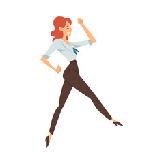 Woman in office clothes joyfully runs cartoon vector illustration
