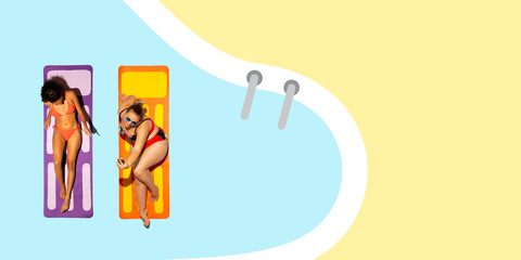 Top view of young caucasian model's resting on beach resort on blue and yellow background as an ocean and sand in bright swimsuit. Copyspace. Concept of summertime, party, chill, vacation, friendship