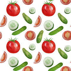 Seamless pattern with watercolor cucumber and tomato.