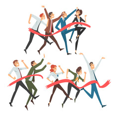 Set of people in office clothes joyfully runs through red tape cartoon vector illustration