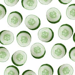 Pattern with watercolor hand drawn sliced cucumber.