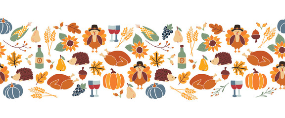 Vector border Thanksgiving. Seamless Autumn food roast turkey corn wine pumpkin family dinner greeting card repeating pattern design. Harvest festival. Fall party invitation banner. Happy Thanksgiving