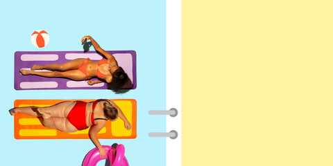 Top view of young caucasian model's resting on beach resort on blue and yellow background as an ocean and sand in bright swimsuit. Copyspace. Concept of summertime, party, chill, vacation, friendship