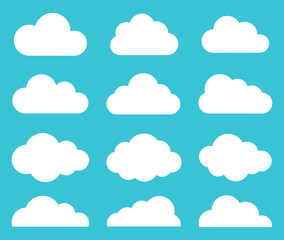 White cartoon flat style clouds icon collection. Weather forecast logo symbol. Vector illustration image. Isolated on blue sky background.