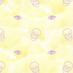 Skull with eyes. Cute Halloween background. Seamless pattern background.