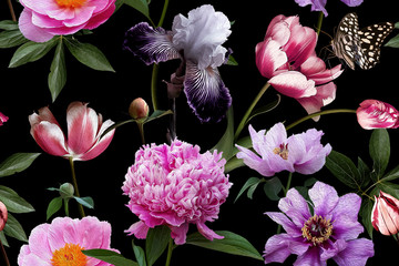 Obrazy na Szkle  Kwiatowy wzór. Piękne kwiaty ogrodowe i motyle. Kwitnące piwonie, irysy i tulipany na czarnym tle. Vintage ilustracji. Tło do tworzenia papieru, tapety, letnich tekstyliów.