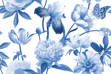 Nahtloses Blumenmuster. Schöne Gartenblumen und Schmetterlinge. Blühende Pfingstrosen, Schwertlilien und Tulpen. Blau und weiß. Vintage-Illustration. Hintergrund zum Erstellen von Papier, Tapeten, Sommertextilien. © marinavorona