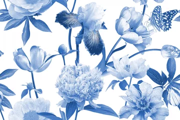 Schilderijen op glas Geschilderde Bloemen Floral seamless pattern. Beautiful garden flowers and butterflies. Blooming peonies, irises and tulips. Blue and white. Vintage illustration. Background to create paper, wallpaper, summer textile.  © marinavorona