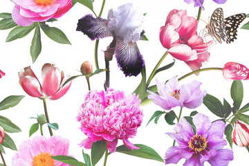 Fototapety  Floral seamless pattern. Beautiful garden flowers and butterflies. Blooming peonies, irises and tulips on white background. Vintage illustration. Background to create paper, wallpaper, summer textile.