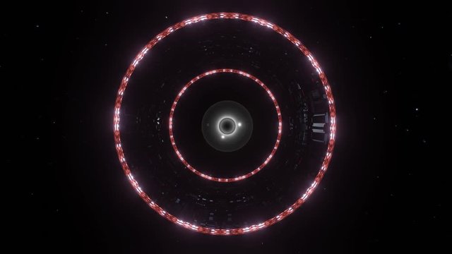 Abstract background with animation of  futuristic ring space craft that form a space tunnel or inter dimensional portal. rendered footage