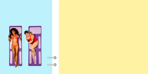 Top view of young caucasian model's resting on beach resort on blue and yellow background as an ocean and sand in bright swimsuit. Copyspace. Concept of summertime, party, chill, vacation, friendship