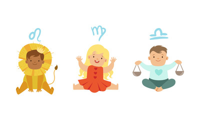 Cute Little Kids Wearing as Zodiac Signs Set, Leo, Virgo, Libra Vector Illustration