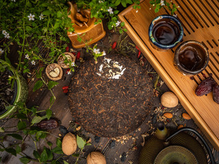 Preparation of the tea ceremony, tea in the bowl. Handmade cups