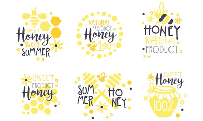 Honey Natural Product Logo Set, Sweet Summer Hand Drawn Labels Vector Illustration