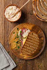 Ruben sandwich. New York sandwich with pastrami, sauce 1000 islands and sauerkraut.