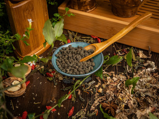Preparation of the tea ceremony, tea in the bowl. Handmade cups