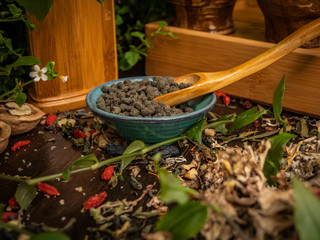 Preparation of the tea ceremony, tea in the bowl. Handmade cups