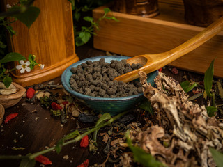 Preparation of the tea ceremony, tea in the bowl. Handmade cups