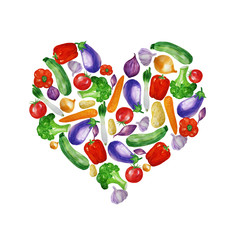 Watercolor vegetables heart shape with tomato, onion, paprika, aubergine and others.