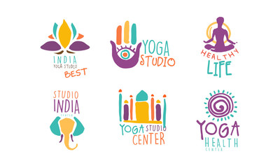 Yoga Studio Logo Set, Healthy Life Center Hand Drawn Labels Vector Illustration