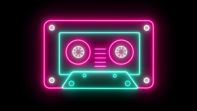 Retro Neon Cassette For Stereo Recorder Animated On A Black Background. Seamless Loop
