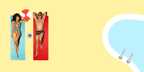 Top view of young caucasian model's resting on beach resort on blue and yellow background as an ocean and sand in bright swimsuit. Copyspace. Concept of summertime, party, chill, vacation, friendship