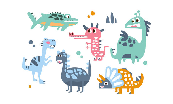 Cute Dinosaurs Set, Adorable Animals Childish Prints Vector Illustration