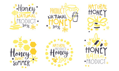 Natural Honey Product Logo Set, Sweet Summer Product Hand Drawn Labels Vector Illustration