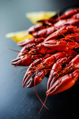 red crawfish with lemon on dark wood table