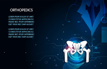 Naklejka premium Medical orthopedic abstract background. Treatment for orthopedics traumatology of hip and pelvis bones and joints injury. Medical presentation, hospital. Vector illustration