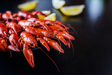 red crawfish with lemon on dark wood table