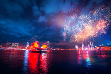 Firework show on Victoria Harbor  in Hong Kong 