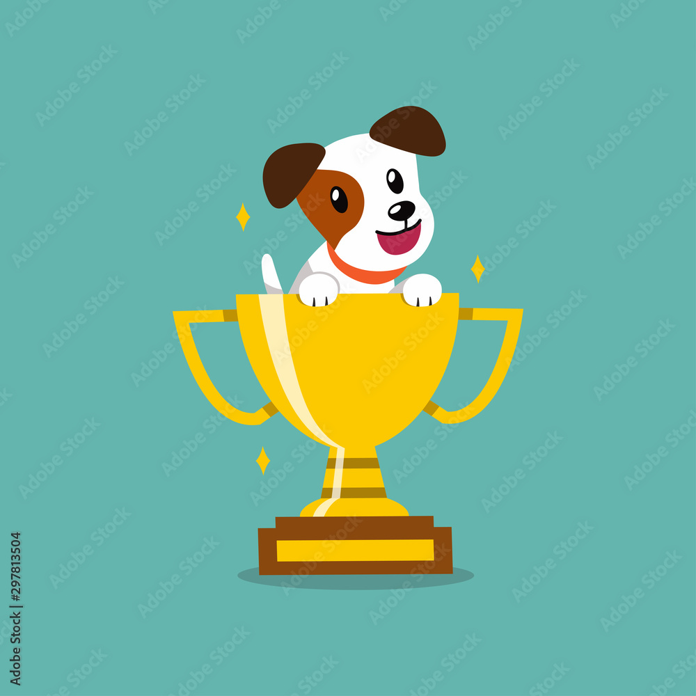 Wall mural cartoon vector character jack russell terrier dog with gold trophy cup award for design.