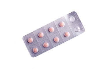 Pack of pills isolated on white background. pills in a blister isolated on white background.