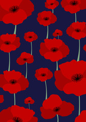 Red poppy flower pattern on navy blue color background