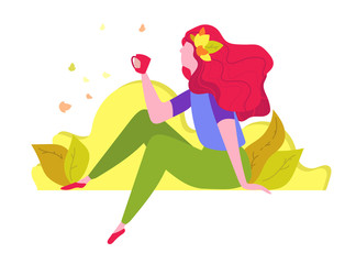 Autumn. Cute little girl with cup of coffee