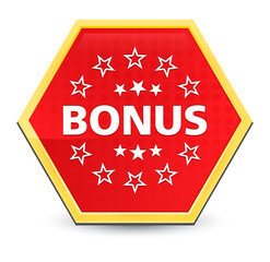 Bonus badge icon abstract red hexagon button bright yellow frame elegant design