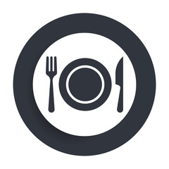 Plate with fork and knife icon flat vector round button clean black and white design concept isolated illustration