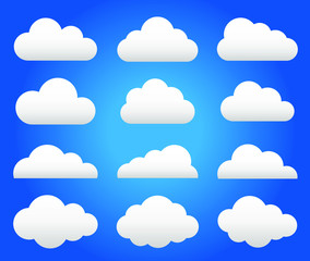 White cartoon clouds icon collection. Weather forecast logo symbol. Vector illustration image. Isolated on blue sky background.
