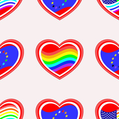 Seamless pattern. Rainbow, stylistic USA and EU flags on a red heart