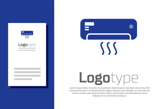 Blue Air conditioner with fresh air icon isolated on white background. Split system air conditioning. Cool and cold climate control system. Logo design template element. Vector Illustration