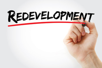 Redevelopment text with marker, concept background