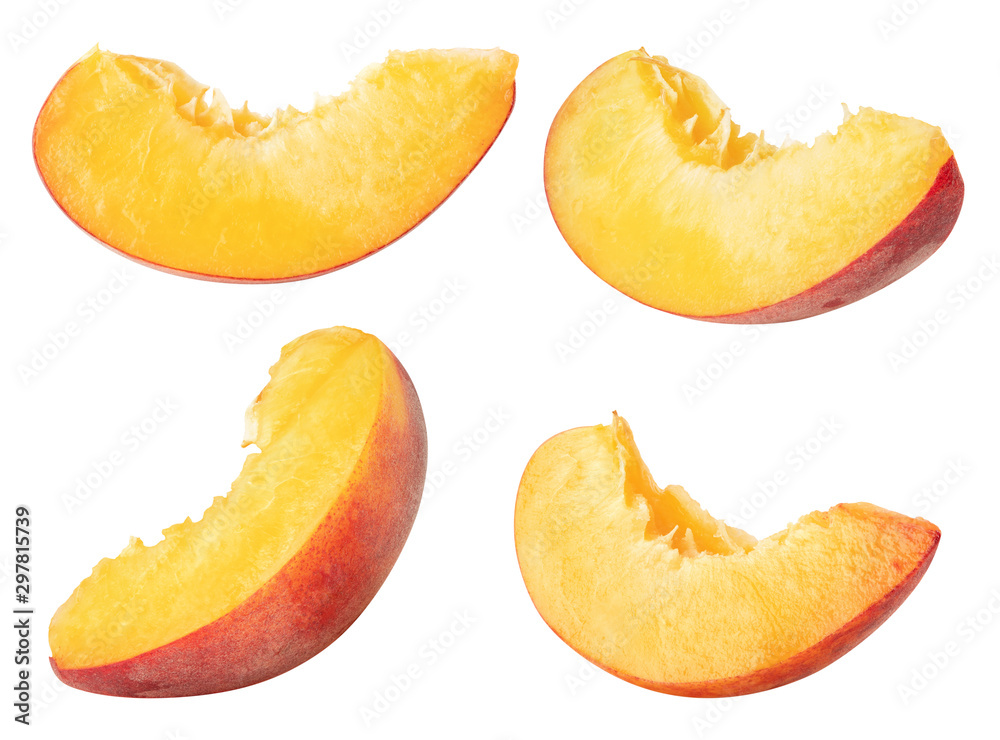 Poster isolated peaches. collection of peach slices, pieces isolated on white background with clipping path - Posters