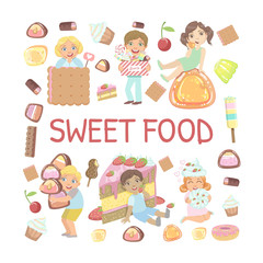 Sweet Food Banner Template with Cute Kids Eating Sweets Vector Illustration