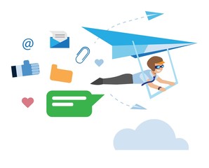 Fototapeta premium modern social networking. office man flying riding paragliding with mail icons illustration concept