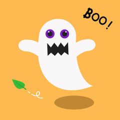 Halloween ghost and purple eyes on orange background
