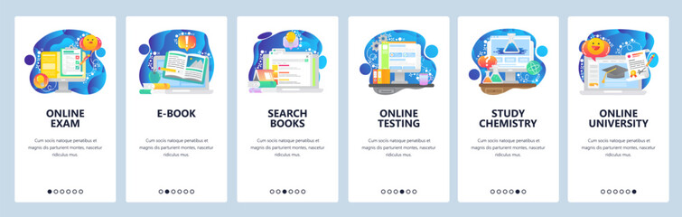 Mobile app onboarding screens. Online education, digital library, search books, study science, chemistry. Vector banner template for website and mobile development. Web site design flat illustration