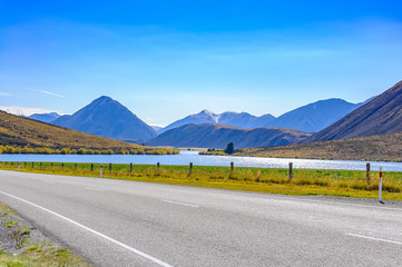 Naklejka premium New Zealand summer Road Landscape, South Island, New Zealand
