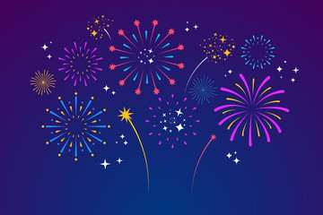 Decorative colorful fireworks explosions isolated on dark background. New Year's Eve fireworks. Festive sparks and explosions. Element for yor design. Vector illustration - obrazy, fototapety, plakaty