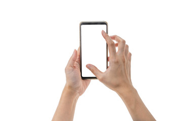 2 hands holding smart phone while zooming in for display with white background and clipping path